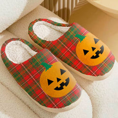 Clan Hay Modern Tartan Halloween Pumpkin Slippers, Fluffy Spooky Slippers EV41 Hay Modern Tartan Tartan Halloween   