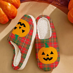 Clan Hay Modern Tartan Halloween Pumpkin Slippers, Fluffy Spooky Slippers EV41 Hay Modern Tartan Tartan Halloween   