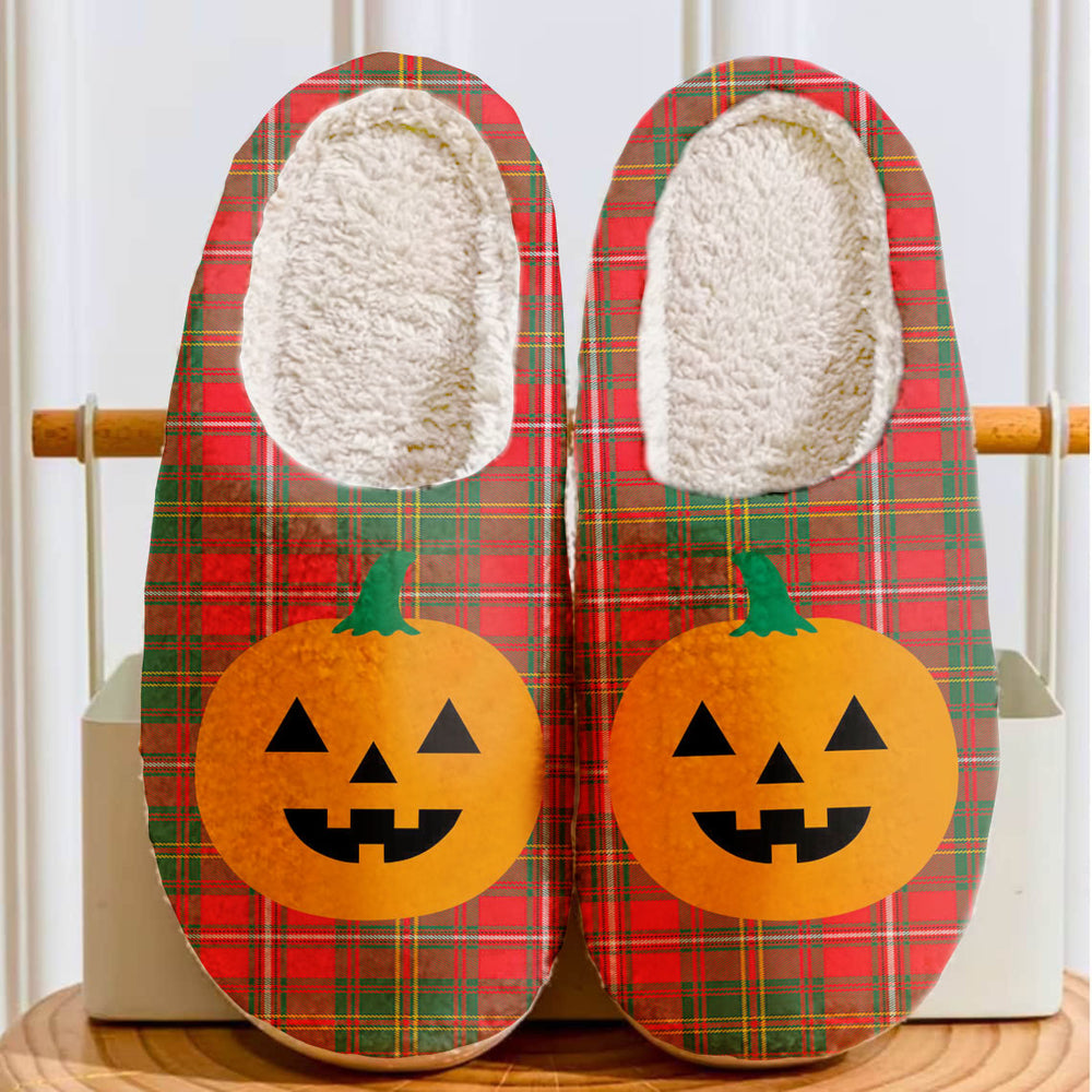 Clan Hay Modern Tartan Halloween Pumpkin Slippers, Fluffy Spooky Slippers EV41 Hay Modern Tartan Tartan Halloween   