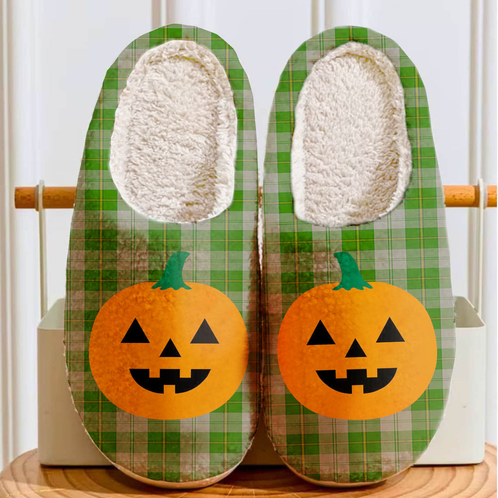 Clan Cunningham Dress Green Dancers Tartan Halloween Pumpkin Slippers, Fluffy Spooky Slippers GF21 Cunningham Dress Green Dancers Tartan Tartan Halloween   