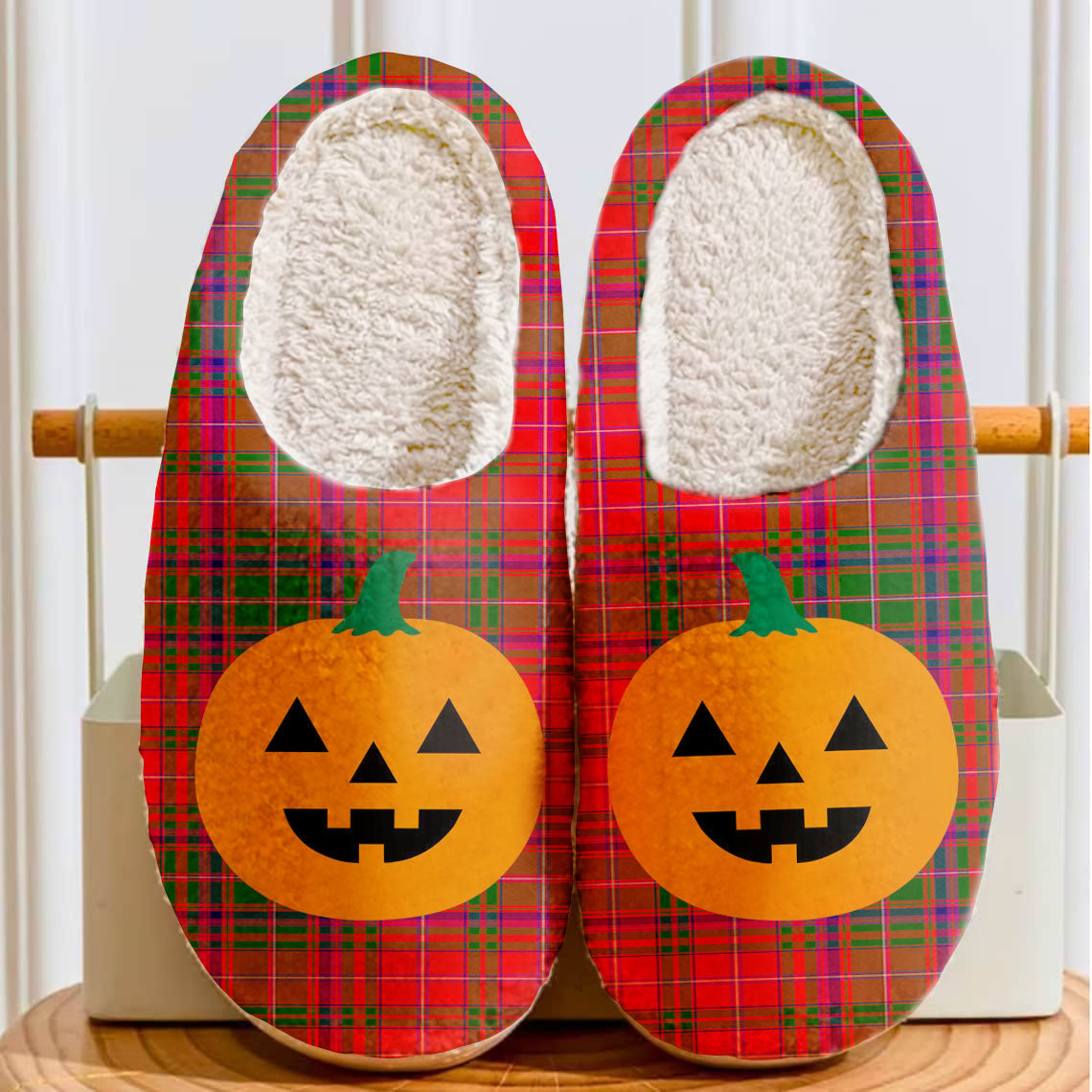 Clan MacDougall Modern Tartan Halloween Pumpkin Slippers, Fluffy Spooky Slippers AJ55 MacDougall Modern Tartan Tartan Halloween   