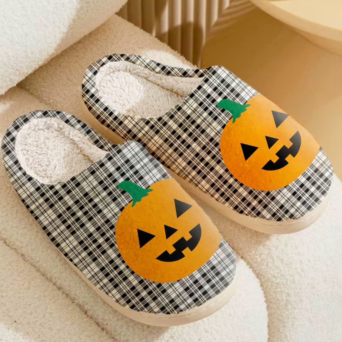Clan Scott Black & White Modern Tartan Halloween Pumpkin Slippers, Fluffy Spooky Slippers DE50 Clan Scott (Scott Tartan) Tartan Halloween   