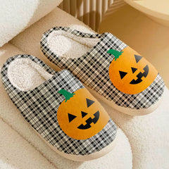 Clan Scott Black & White Modern Tartan Halloween Pumpkin Slippers, Fluffy Spooky Slippers DE50 Clan Scott (Scott Tartan) Tartan Halloween   