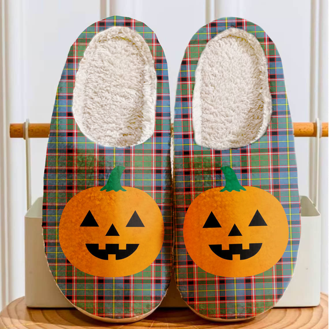 Clan Norvel (Stirling) Tartan Halloween Pumpkin Slippers, Fluffy Spooky Slippers CE92 Norvel (Stirling) Tartan Tartan Halloween   