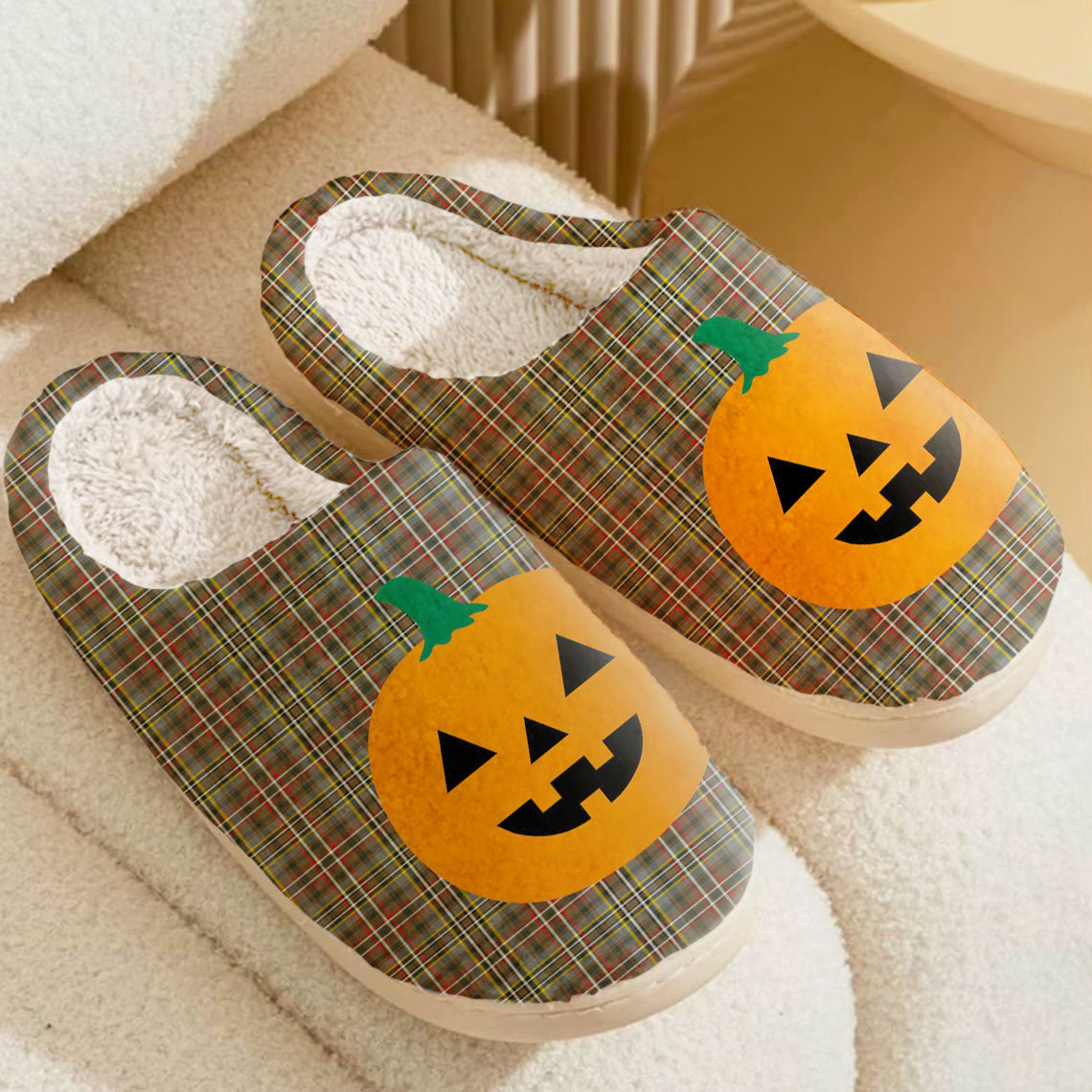 Clan Scott Green Weathered Tartan Halloween Pumpkin Slippers, Fluffy Spooky Slippers GG90 Clan Scott (Scott Tartan) Tartan Halloween   
