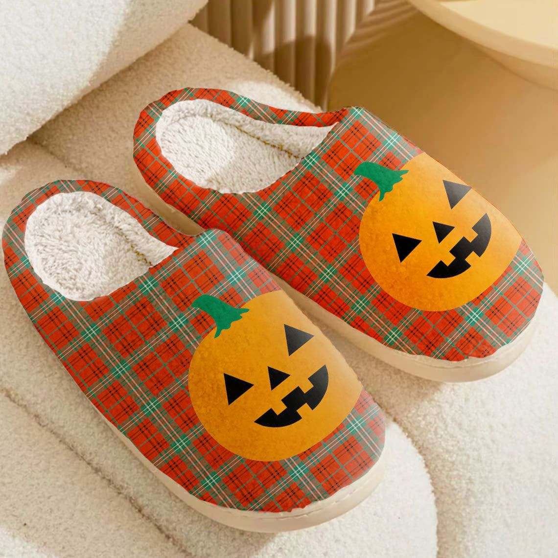 Clan Morrison Red Ancient Tartan Halloween Pumpkin Slippers, Fluffy Spooky Slippers HB49 Morrison Red Ancient Tartan Tartan Halloween   