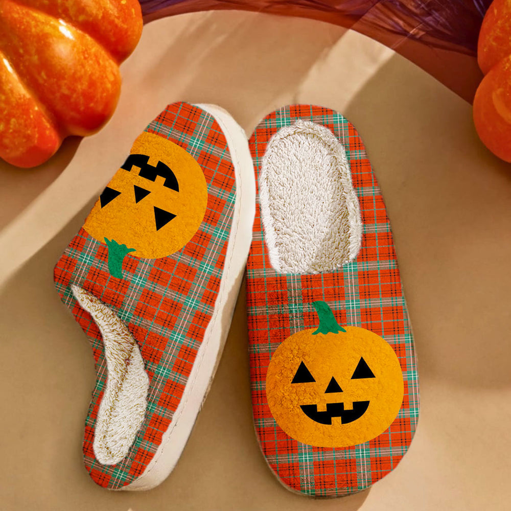 Clan Morrison Red Ancient Tartan Halloween Pumpkin Slippers, Fluffy Spooky Slippers HB49 Morrison Red Ancient Tartan Tartan Halloween   