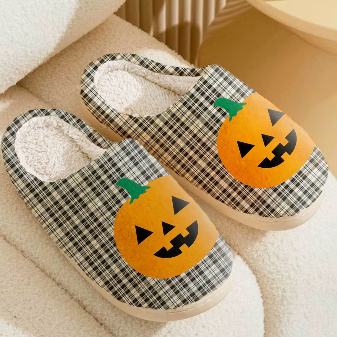 Clan Scott Black & White Ancient Tartan Halloween Pumpkin Slippers, Fluffy Spooky Slippers QS10 Clan Scott (Scott Tartan) Tartan Halloween   
