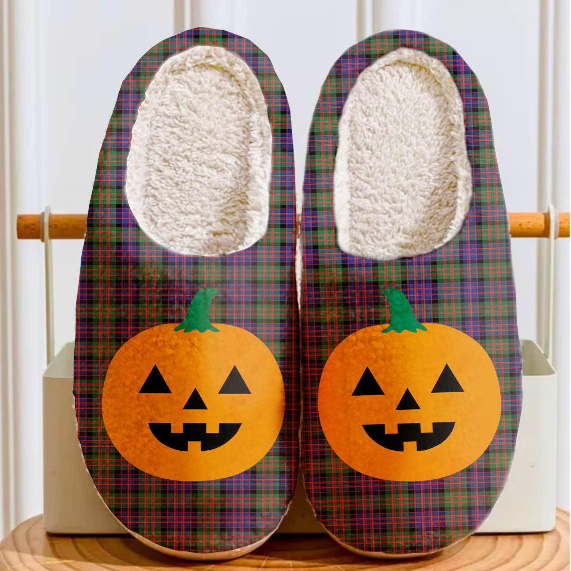 Clan MacDonald Modern Tartan Halloween Pumpkin Slippers, Fluffy Spooky Slippers IX91 MacDonald Modern Tartan Tartan Halloween   