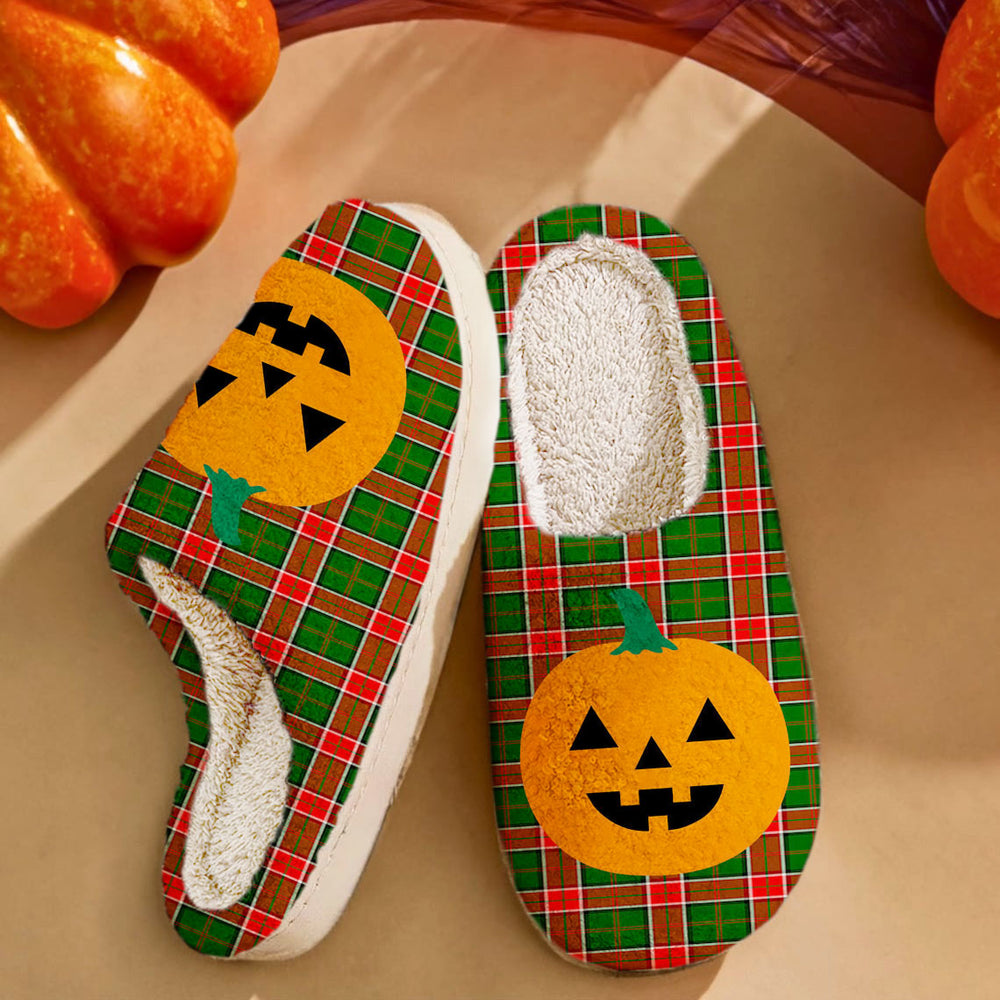 Clan Pollock Modern Tartan Halloween Pumpkin Slippers, Fluffy Spooky Slippers FB23 Pollock Modern Tartan Tartan Halloween   
