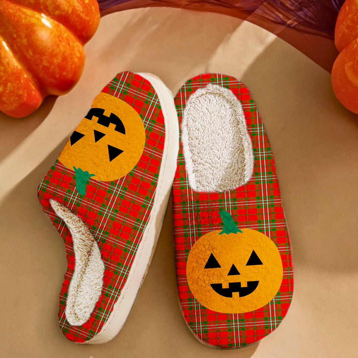 Clan Scott Modern Tartan Halloween Pumpkin Slippers, Fluffy Spooky Slippers SL32 Clan Scott (Scott Tartan) Tartan Halloween   