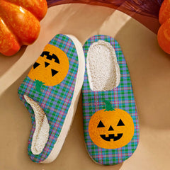 Clan Pitcairn Hunting Tartan Halloween Pumpkin Slippers, Fluffy Spooky Slippers PD35 Pitcairn Hunting Tartan Tartan Halloween   