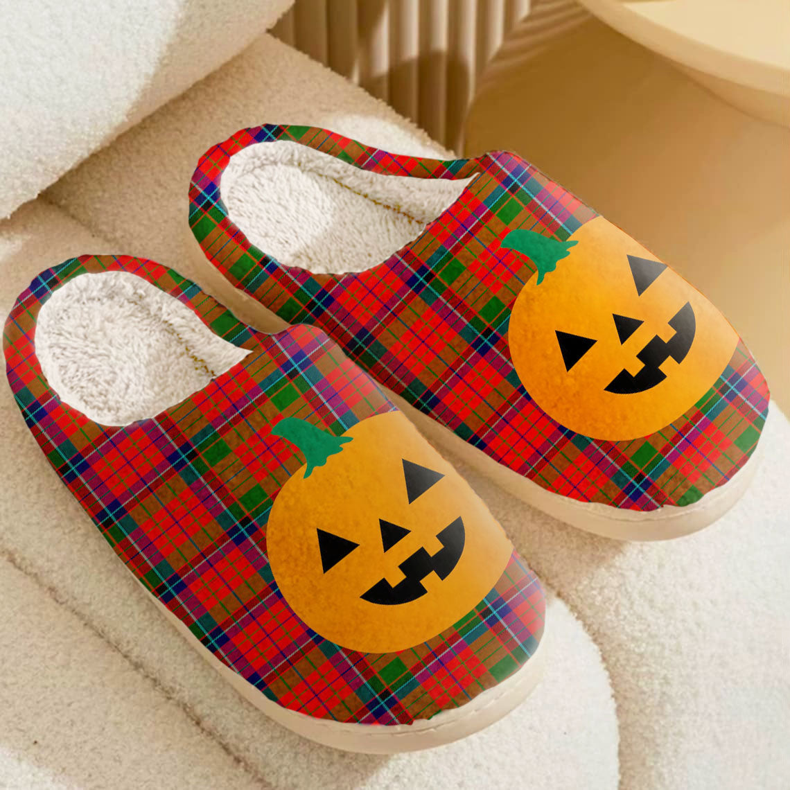 Clan Nicolson Modern Tartan Halloween Pumpkin Slippers, Fluffy Spooky Slippers ZY66 Nicolson Modern Tartan Tartan Halloween   