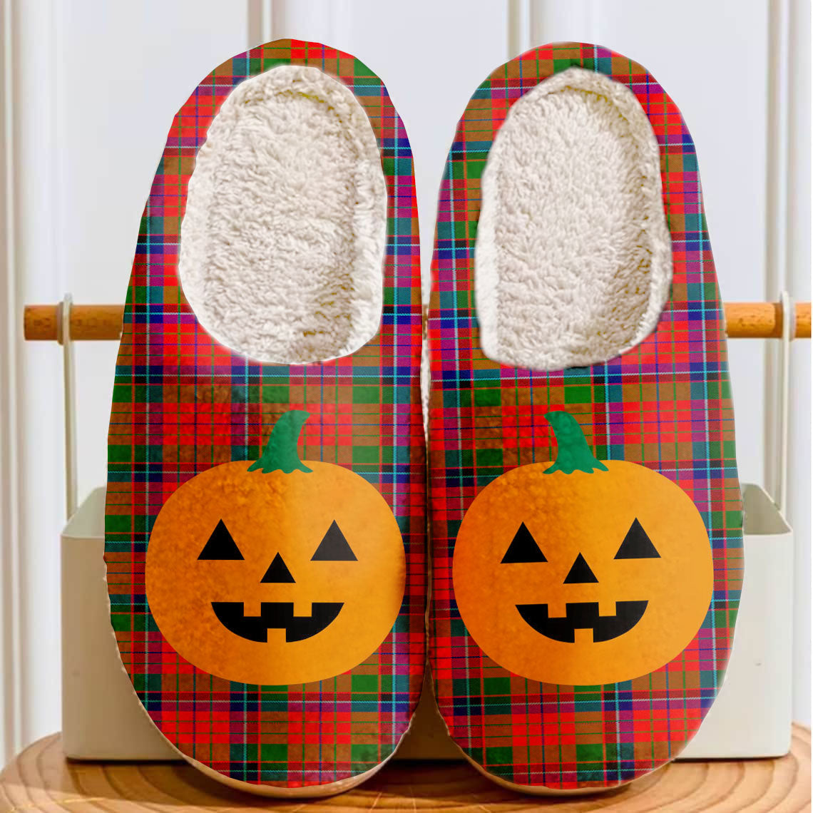 Clan Nicolson Modern Tartan Halloween Pumpkin Slippers, Fluffy Spooky Slippers ZY66 Nicolson Modern Tartan Tartan Halloween   