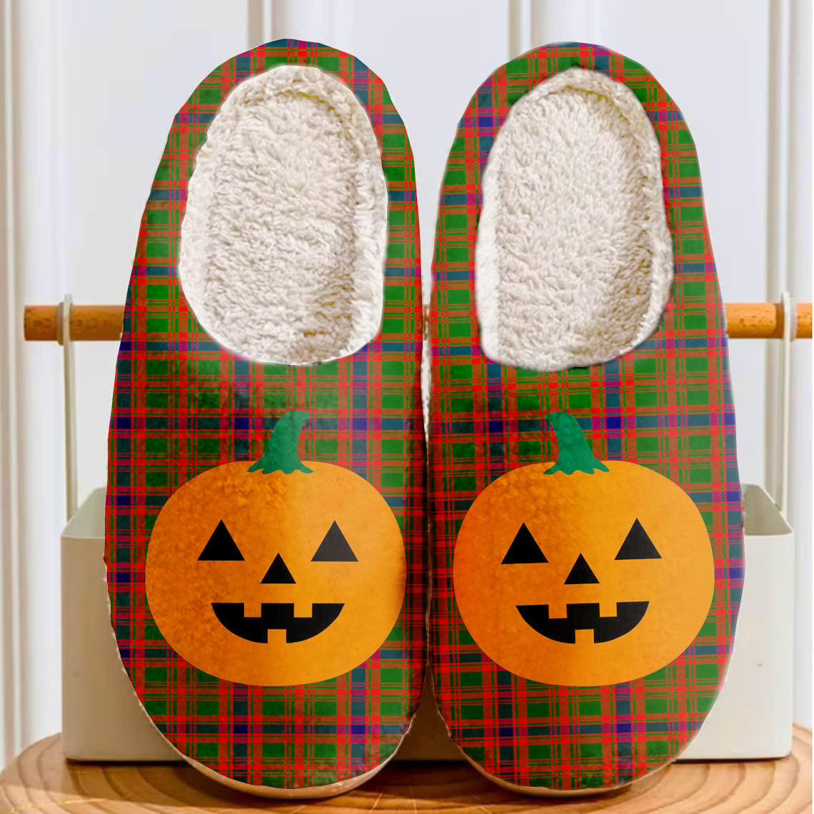 Clan Nithsdale District Tartan Halloween Pumpkin Slippers, Fluffy Spooky Slippers OF22 Nithsdale District Tartan Tartan Halloween   