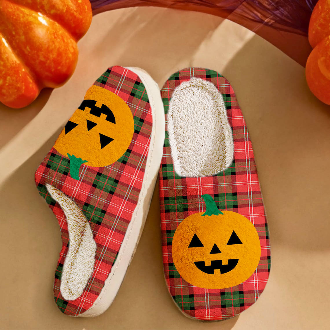Clan Nesbitt Modern Tartan Halloween Pumpkin Slippers, Fluffy Spooky Slippers NE74 Nesbitt Modern Tartan Tartan Halloween   