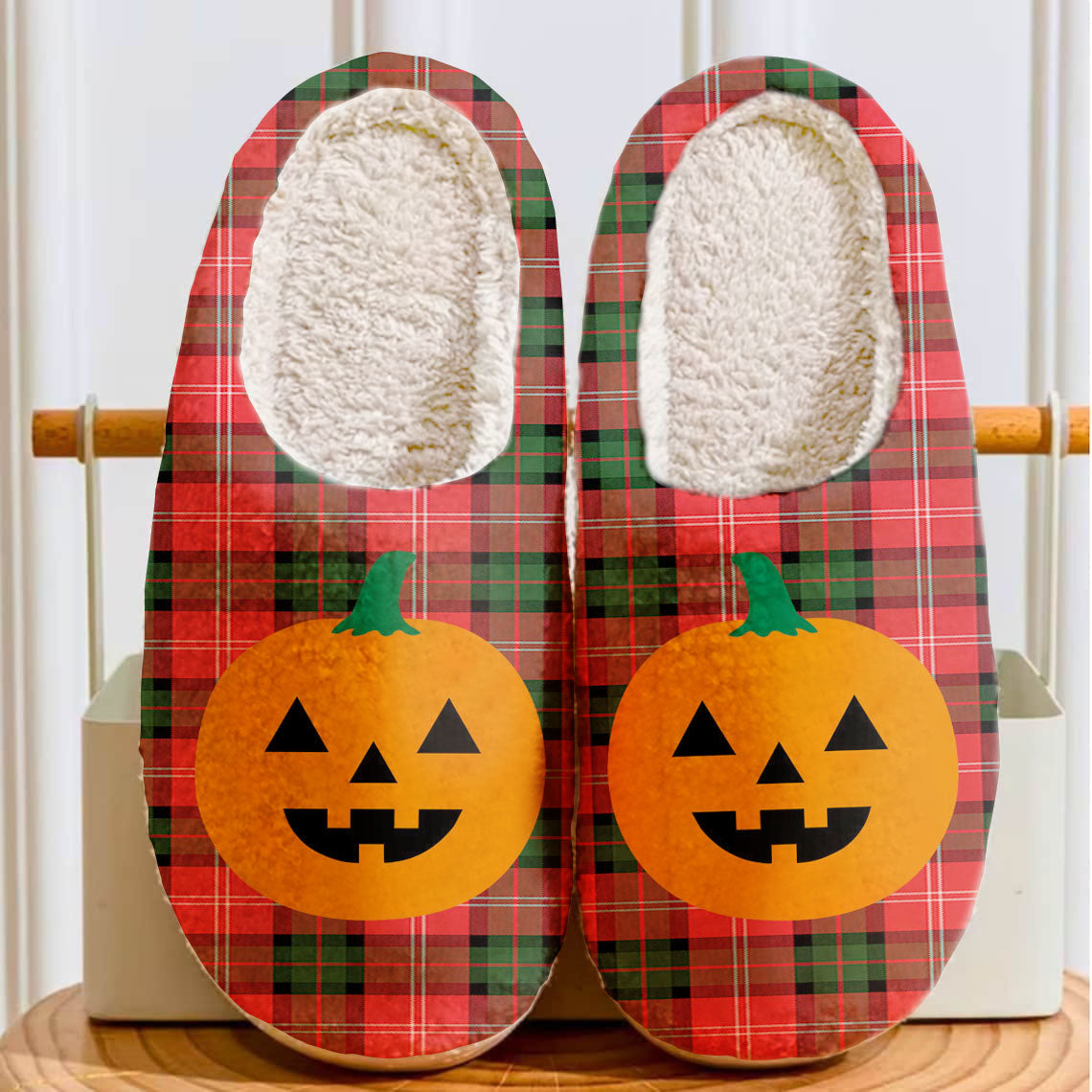 Clan Nesbitt Modern Tartan Halloween Pumpkin Slippers, Fluffy Spooky Slippers NE74 Nesbitt Modern Tartan Tartan Halloween   