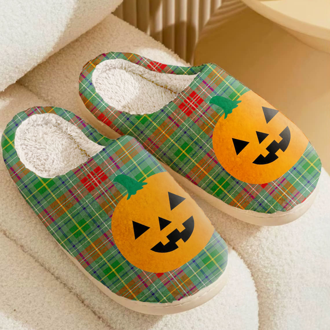 Clan Muirhead Tartan Halloween Pumpkin Slippers, Fluffy Spooky Slippers MA39 Muirhead Tartan Tartan Halloween   