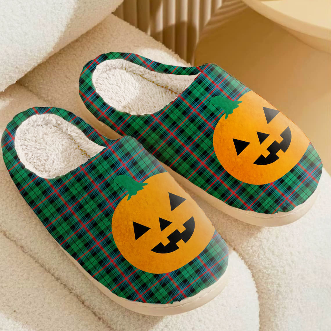 Clan Urquhart Broad Red Ancient Tartan Halloween Pumpkin Slippers, Fluffy Spooky Slippers SR87 Urquhart Broad Red Ancient Tartan Tartan Halloween   