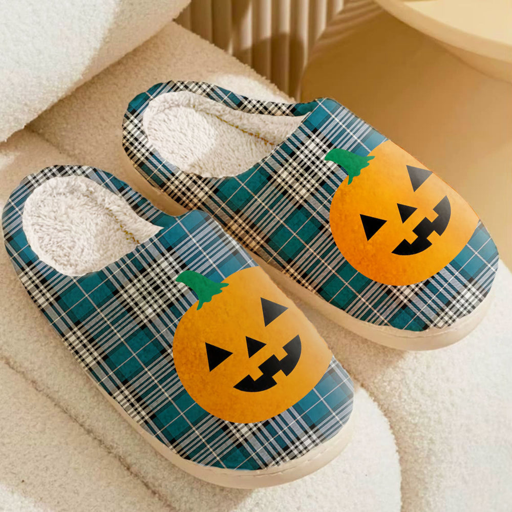 Clan Napier Modern Tartan Halloween Pumpkin Slippers, Fluffy Spooky Slippers LG64 Napier Modern Tartan Tartan Halloween   