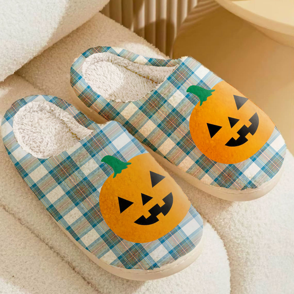 Clan Stewart Muted Blue Tartan Halloween Pumpkin Slippers, Fluffy Spooky Slippers UM56 Stewart Muted Blue Tartan Tartan Halloween   