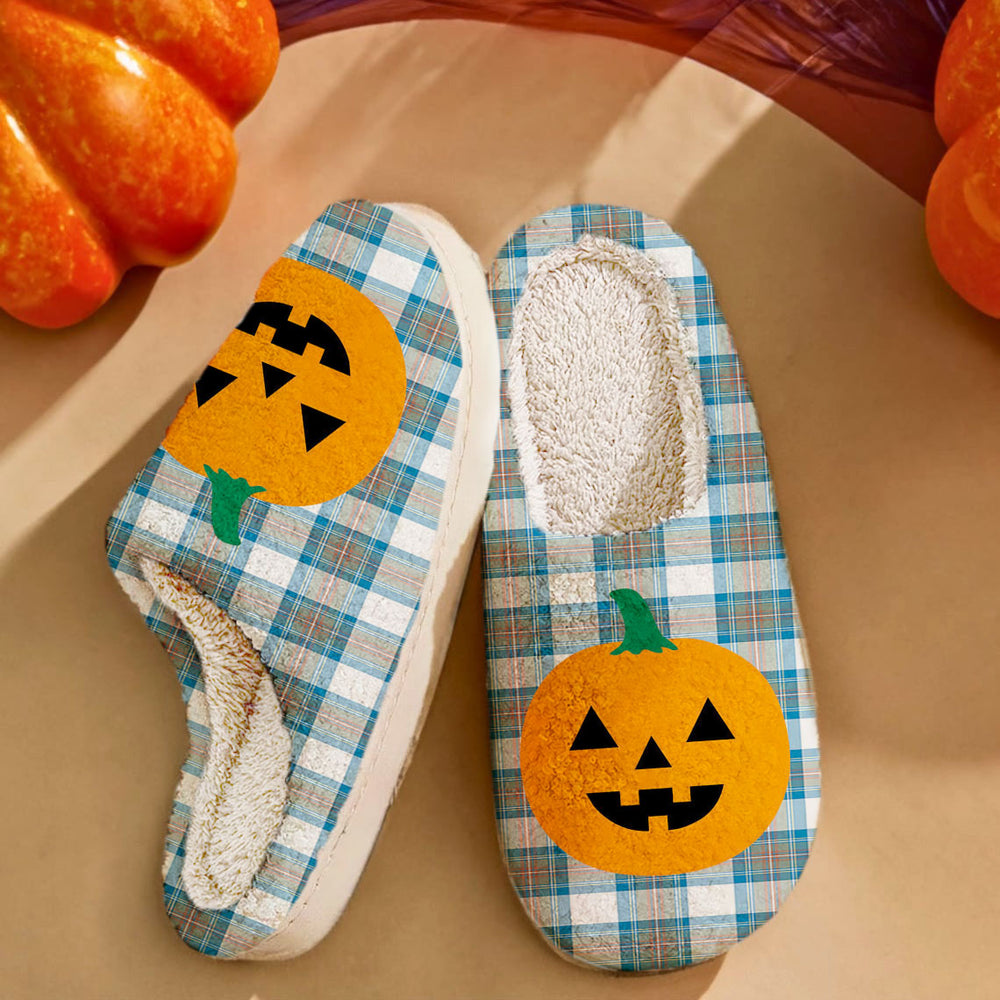 Clan Stewart Muted Blue Tartan Halloween Pumpkin Slippers, Fluffy Spooky Slippers UM56 Stewart Muted Blue Tartan Tartan Halloween   