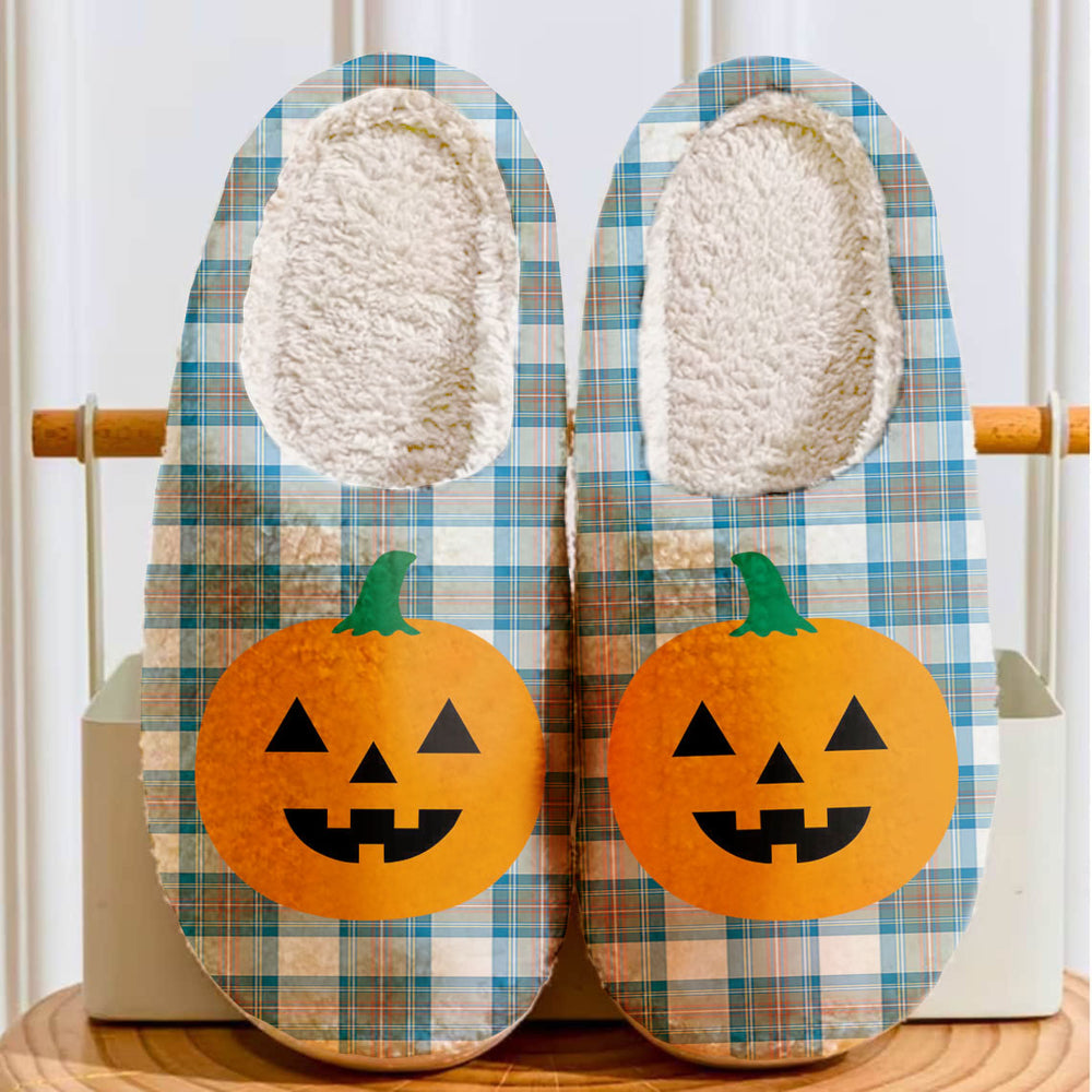 Clan Stewart Muted Blue Tartan Halloween Pumpkin Slippers, Fluffy Spooky Slippers UM56 Stewart Muted Blue Tartan Tartan Halloween   