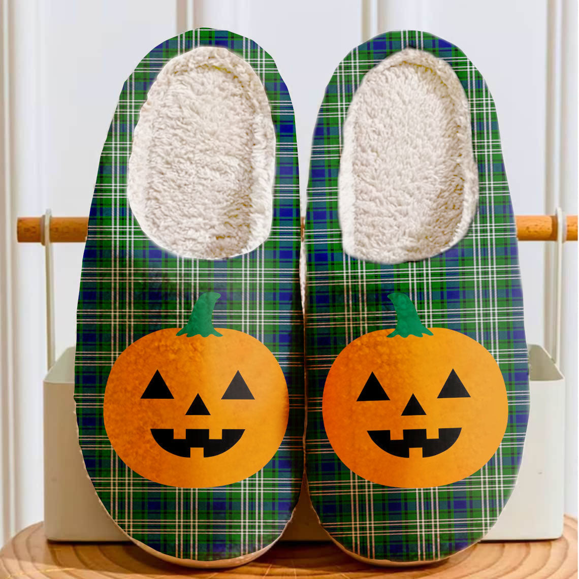 Clan Spottiswood (Tweedside) Tartan Halloween Pumpkin Slippers, Fluffy Spooky Slippers SW55 Spottiswood (Tweedside) Tartan Tartan Halloween   