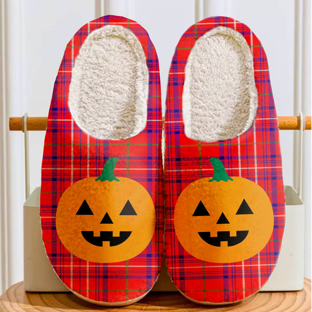 Clan Rose Tartan Halloween Pumpkin Slippers, Fluffy Spooky Slippers PA58 Rose Tartan Tartan Halloween   