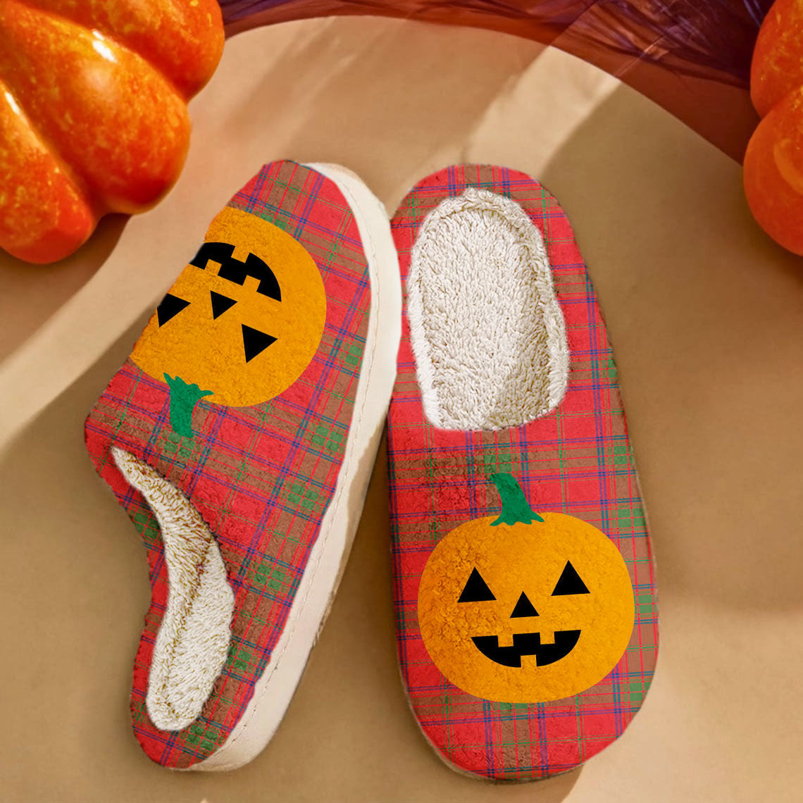 Clan Ross Modern Tartan Halloween Pumpkin Slippers, Fluffy Spooky Slippers HR37 Ross Modern Tartan Tartan Halloween   