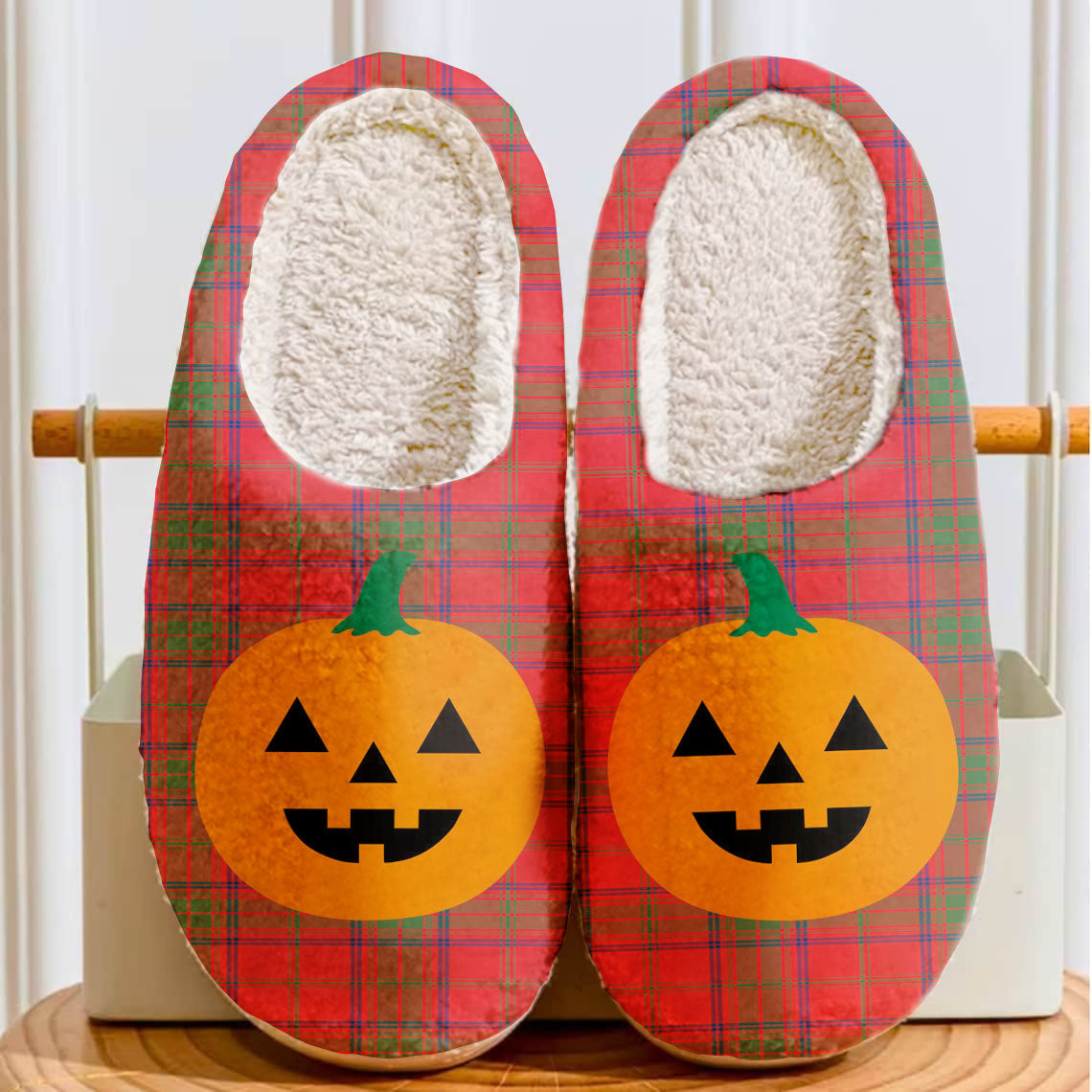 Clan Ross Modern Tartan Halloween Pumpkin Slippers, Fluffy Spooky Slippers HR37 Ross Modern Tartan Tartan Halloween   
