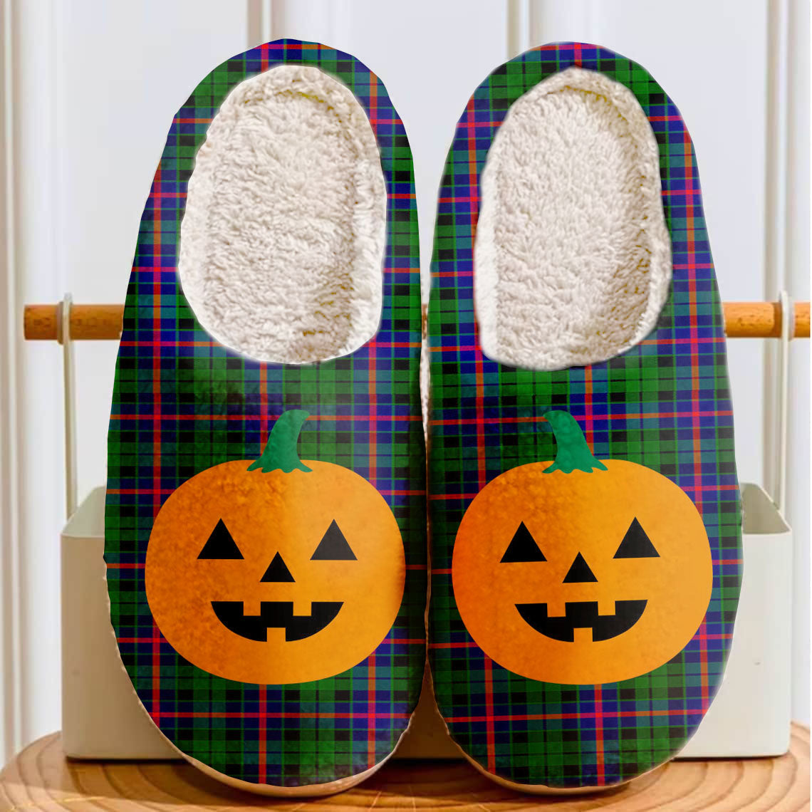 Clan Morrison Modern Tartan Halloween Pumpkin Slippers, Fluffy Spooky Slippers FL37 Morrison Modern Tartan Tartan Halloween   