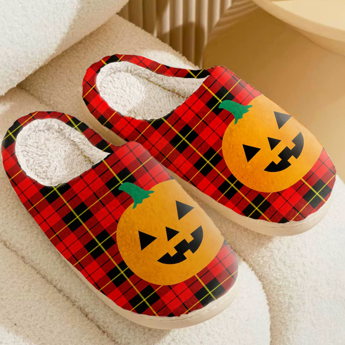 Clan Wallace Hunting Red Tartan Halloween Pumpkin Slippers, Fluffy Spooky Slippers BJ39 Wallace Hunting Red Tartan Tartan Halloween   