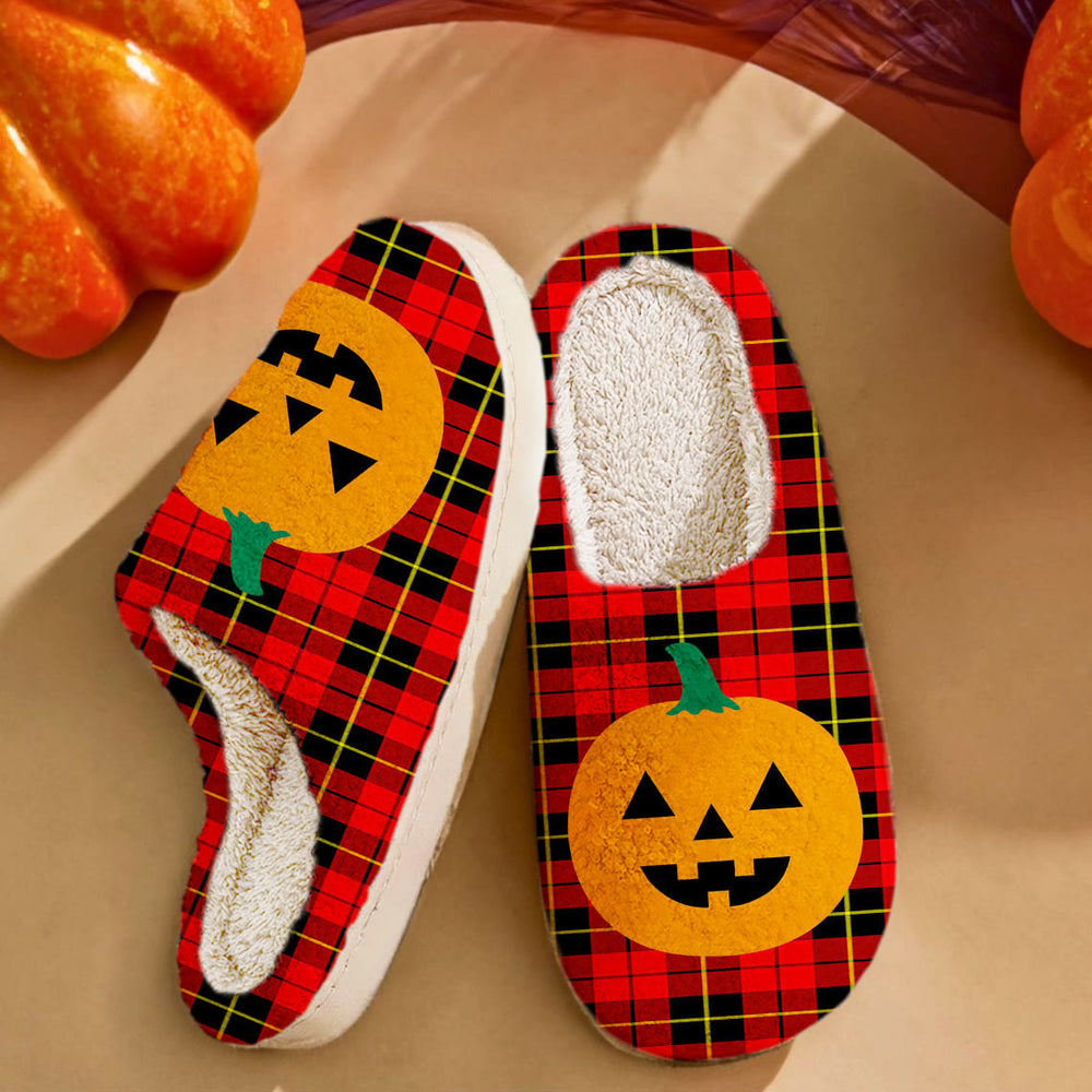 Clan Wallace Hunting Red Tartan Halloween Pumpkin Slippers, Fluffy Spooky Slippers BJ39 Wallace Hunting Red Tartan Tartan Halloween   
