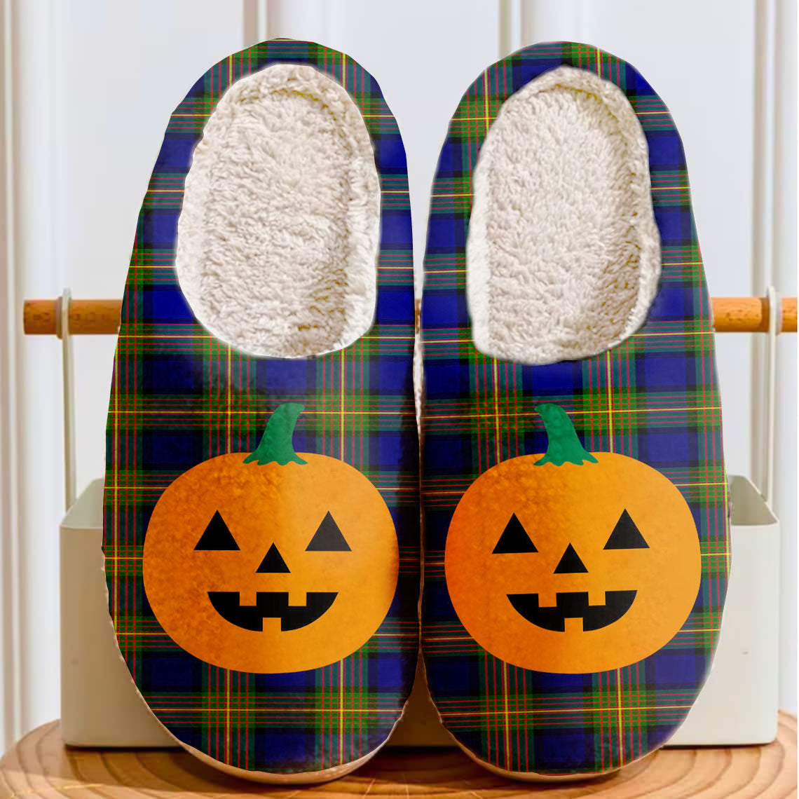 Clan Muir Tartan Halloween Pumpkin Slippers, Fluffy Spooky Slippers ZQ26 Muir Tartan Tartan Halloween   