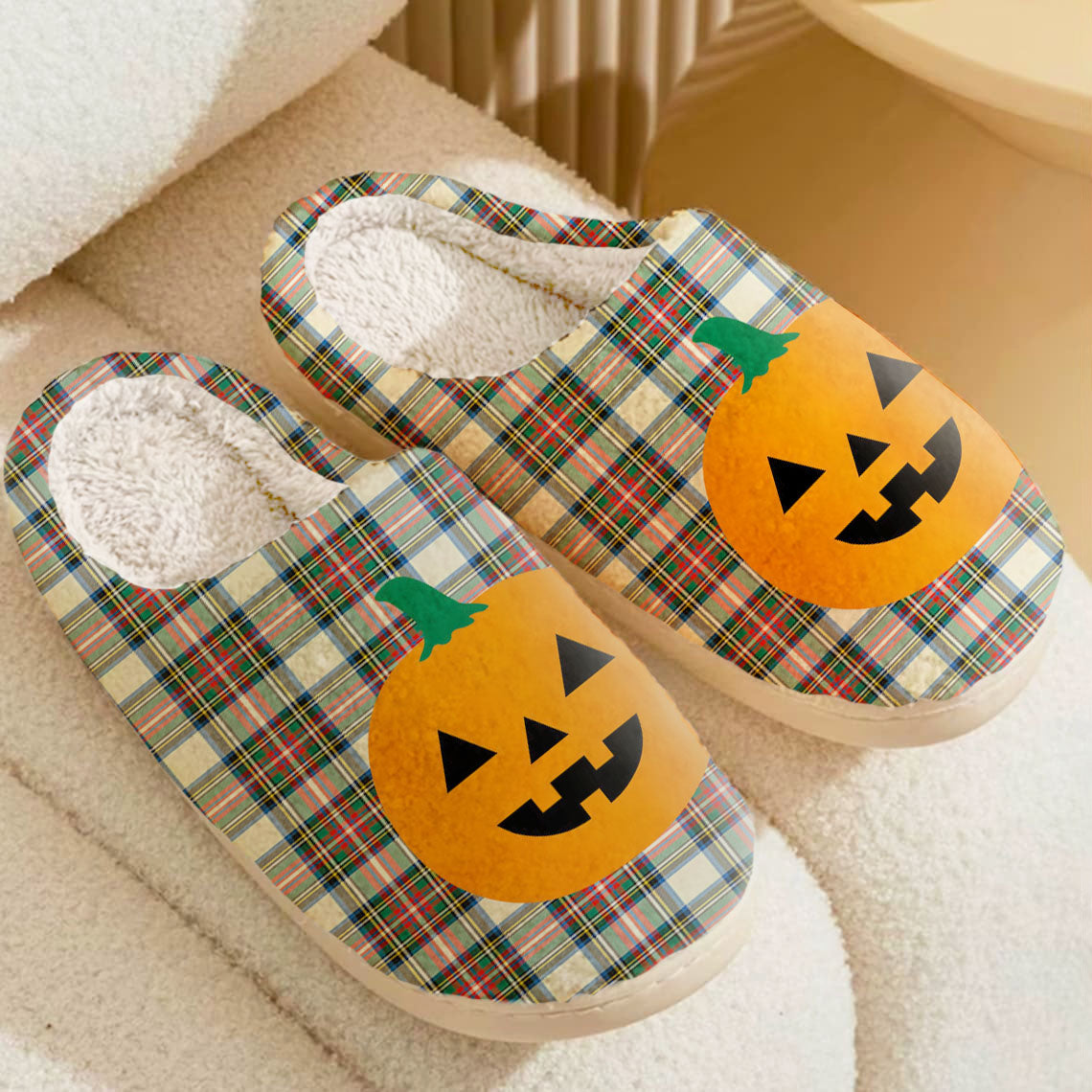 Clan Stewart Dress Ancient Tartan Halloween Pumpkin Slippers, Fluffy Spooky Slippers GJ60 Stewart Dress Ancient Tartan Tartan Halloween   