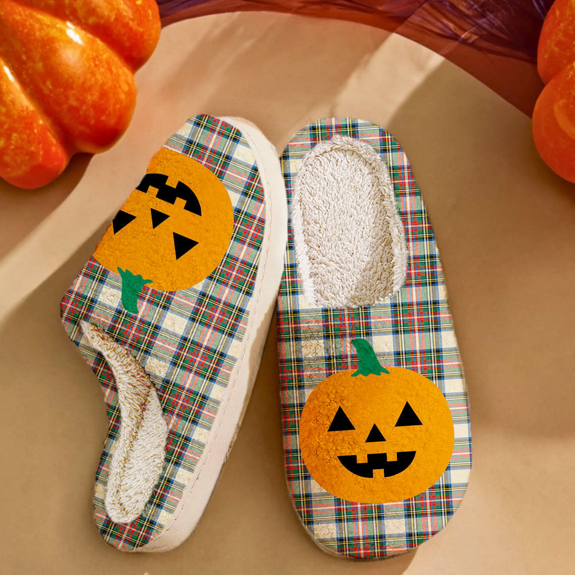 Clan Stewart Dress Ancient Tartan Halloween Pumpkin Slippers, Fluffy Spooky Slippers GJ60 Stewart Dress Ancient Tartan Tartan Halloween   