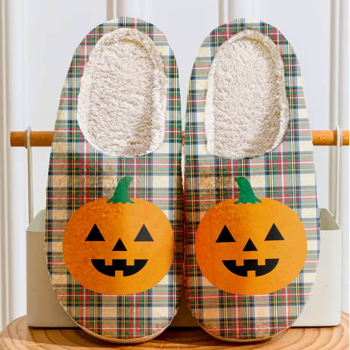 Clan Stewart Dress Ancient Tartan Halloween Pumpkin Slippers, Fluffy Spooky Slippers GJ60 Stewart Dress Ancient Tartan Tartan Halloween   