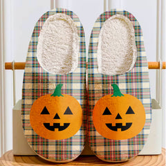 Clan Stewart Dress Ancient Tartan Halloween Pumpkin Slippers, Fluffy Spooky Slippers GJ60 Stewart Dress Ancient Tartan Tartan Halloween   