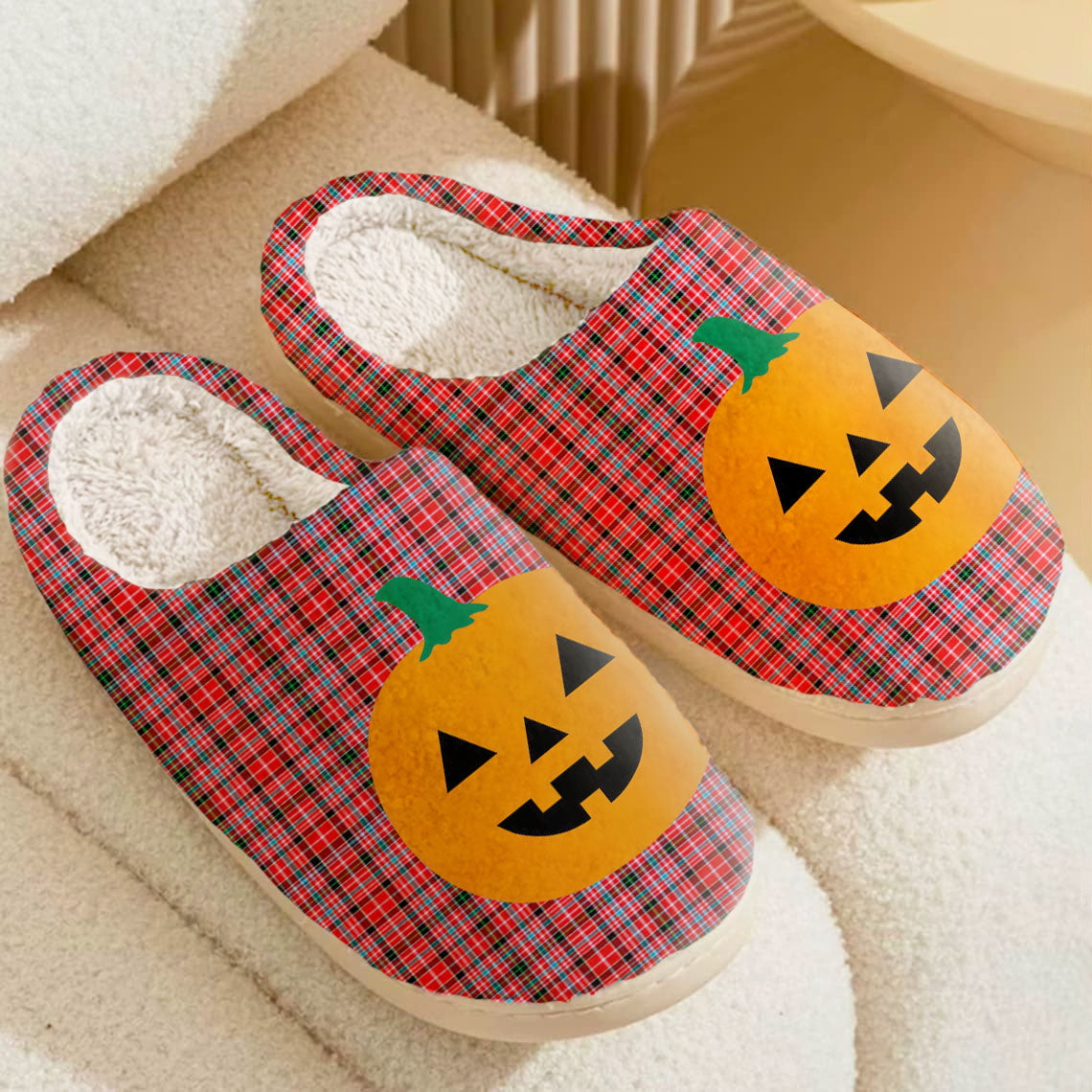 Clan Straiton Aderbeen Tartan Halloween Pumpkin Slippers, Fluffy Spooky Slippers KL51 Straiton Aderbeen Tartan Tartan Halloween   