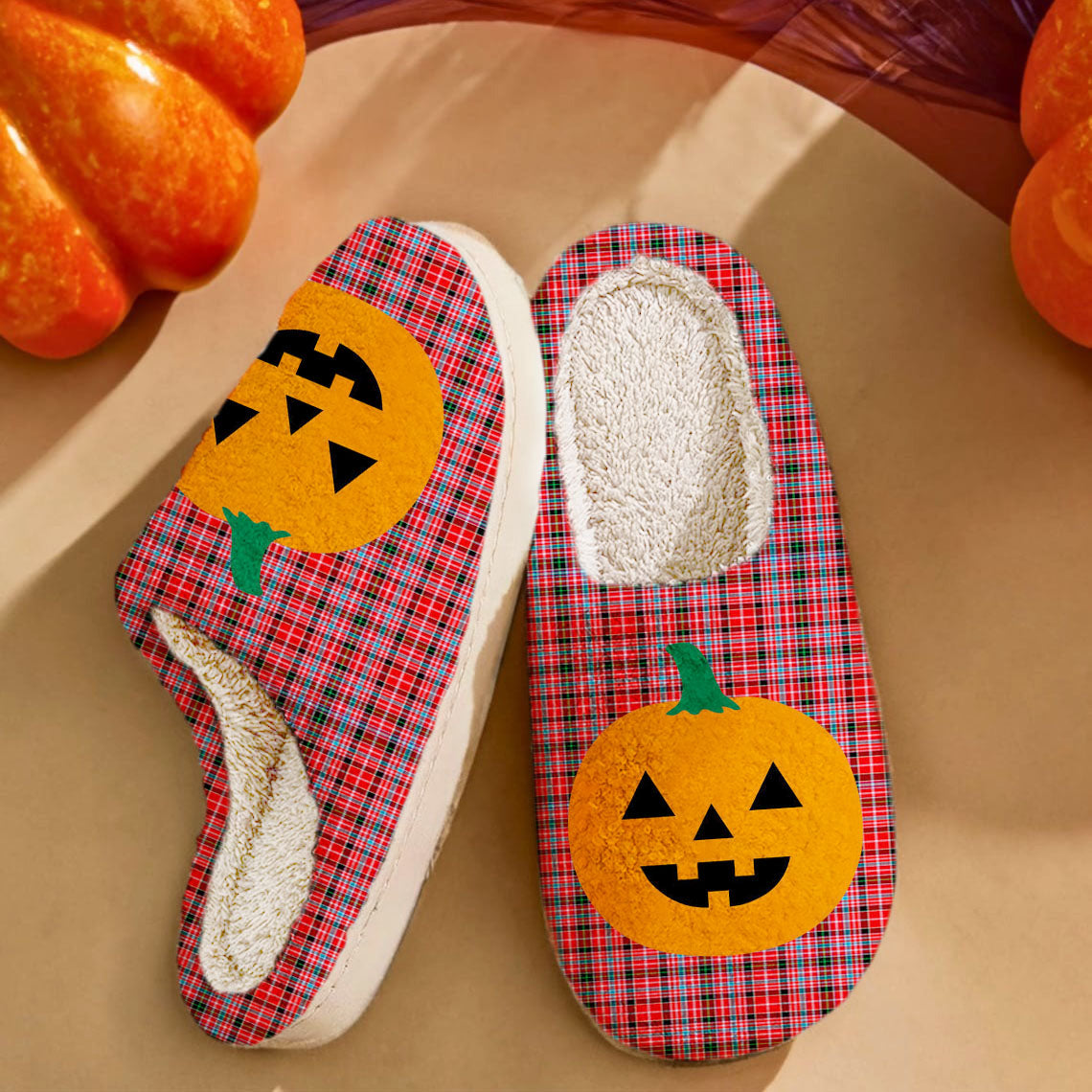 Clan Straiton Aderbeen Tartan Halloween Pumpkin Slippers, Fluffy Spooky Slippers KL51 Straiton Aderbeen Tartan Tartan Halloween   