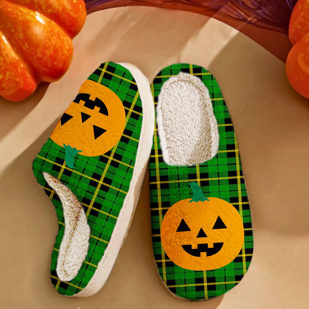 Clan Wallace Hunting Green Tartan Halloween Pumpkin Slippers, Fluffy Spooky Slippers FK63 Wallace Hunting Green Tartan Tartan Halloween   