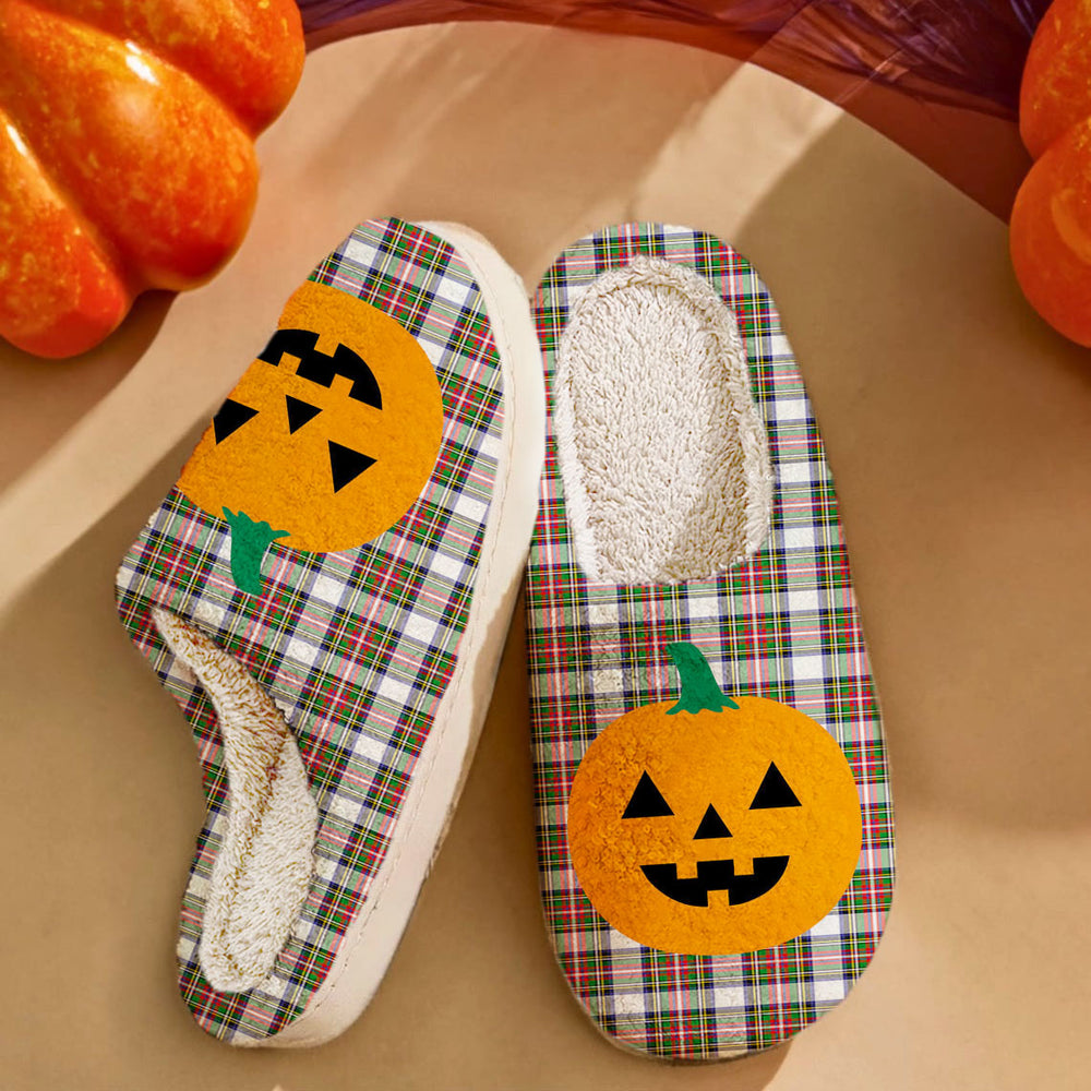 Clan Stewart Dress Modern Tartan Halloween Pumpkin Slippers, Fluffy Spooky Slippers UX29 Stewart Dress Modern Tartan Tartan Halloween   