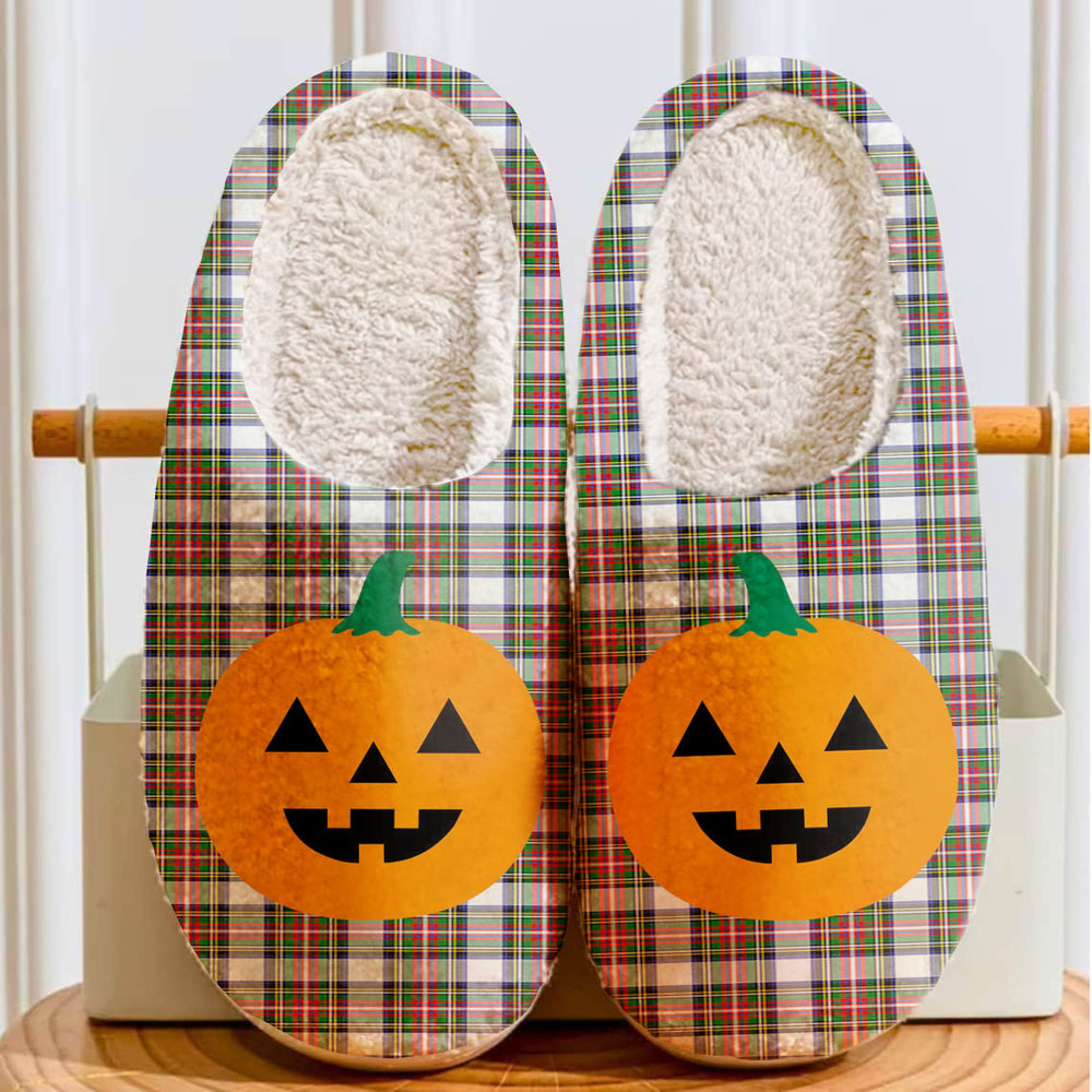 Clan Stewart Dress Modern Tartan Halloween Pumpkin Slippers, Fluffy Spooky Slippers UX29 Stewart Dress Modern Tartan Tartan Halloween   
