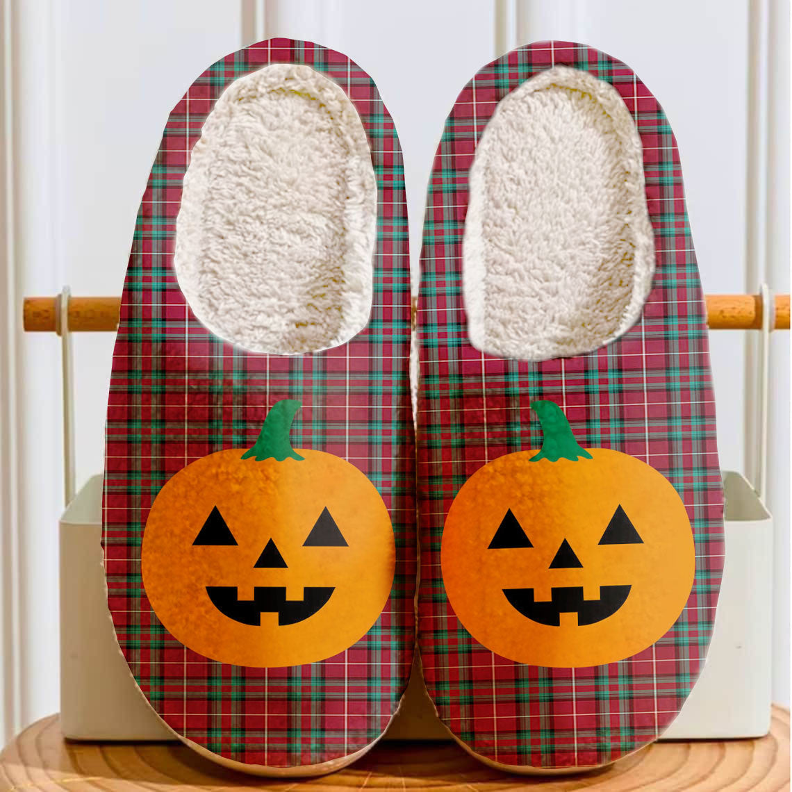 Clan Stewart (Stuart) of Bute Tartan Halloween Pumpkin Slippers, Fluffy Spooky Slippers NM79 Stewart (Stuart) of Bute Tartan Tartan Halloween   