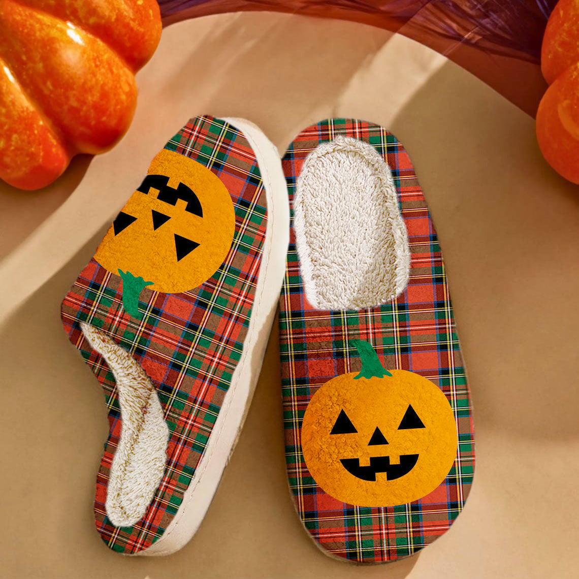 Clan Stewart Royal Modern Tartan Halloween Pumpkin Slippers, Fluffy Spooky Slippers XT83 Stewart Royal Modern Tartan Tartan Halloween   