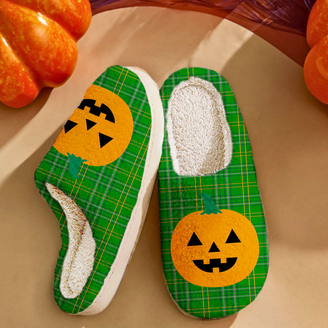 Clan Wexford County Tartan Halloween Pumpkin Slippers, Fluffy Spooky Slippers TF28 Wexford County Tartan Tartan Halloween   