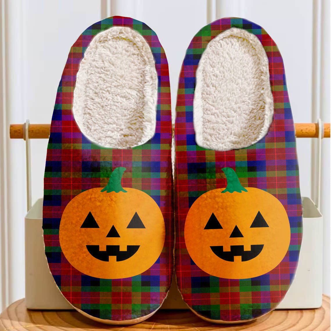 Clan Tennant Tartan Halloween Pumpkin Slippers, Fluffy Spooky Slippers RS56 Tennant Tartan Tartan Halloween   
