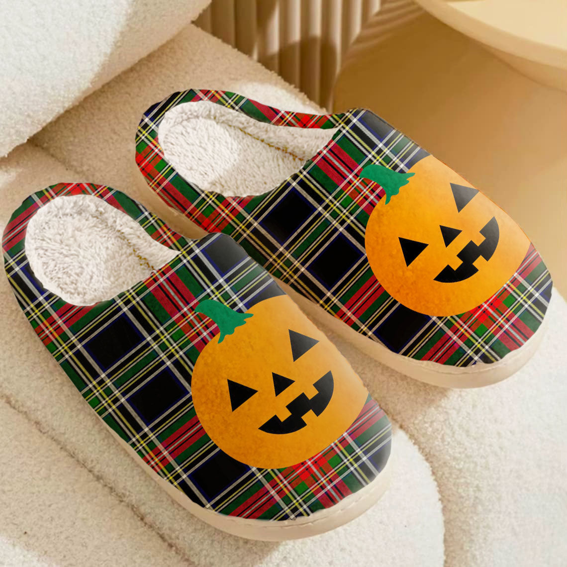Clan Stewart Black Tartan Halloween Pumpkin Slippers, Fluffy Spooky Slippers WH97 Stewart Black Tartan Tartan Halloween   