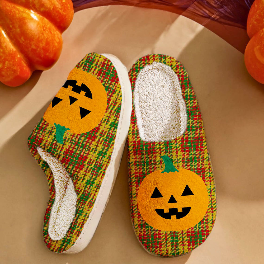 Clan Strathearn Modern Tartan Halloween Pumpkin Slippers, Fluffy Spooky Slippers YG83 Strathearn Modern Tartan Tartan Halloween   
